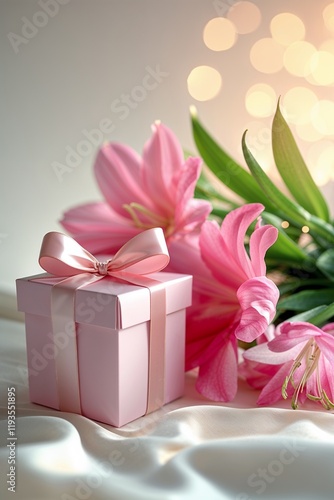 A pink gift box with a ribbon beside a pink flower arrangement. 