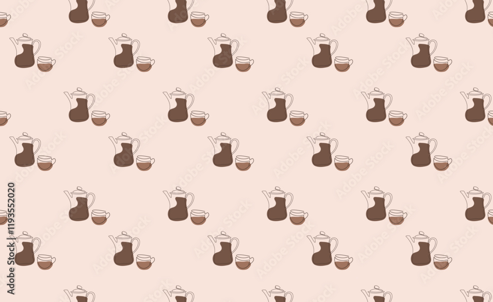 Seamless pattern in the fashionable color of 2025. A coffee pot and a cup of coffee in a linear style. Vector graphics. For fabric design, packaging, background, wallpaper Seamless pattern in the fashionable color of 2025. A coffee pot and a cup of coffee in a linear style. Vector graphics. For fabric design, packaging, background, wallpaper