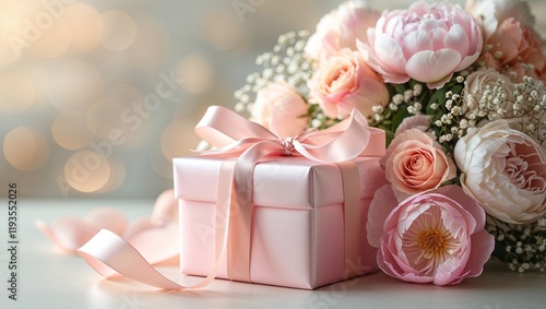 A pink gift box with a ribbon beside a pink flower arrangement.