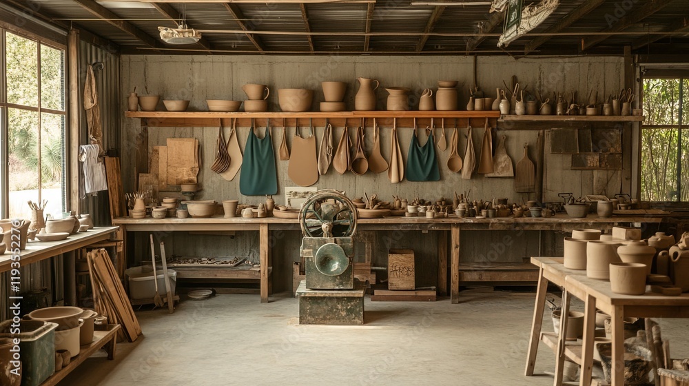 A rustic pottery class setup with spinning wheels, clay, and aprons neatly hung A rustic pottery class setup with spinning wheels, clay, and aprons neatly hung