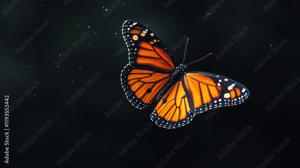 Fototapeta premium Monarch Butterfly in Flight A Stunning Closeup of a Monarch Butterfly Against a Dark Background