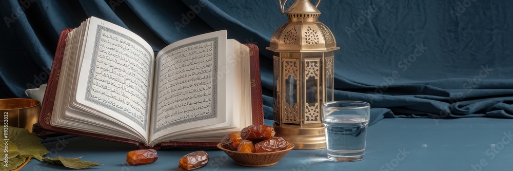 Fototapeta premium Quran Dates Lantern Water Ramadan Islamic Religious Observance