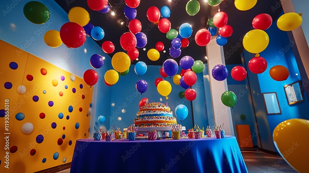 Obraz premium Colorful Balloons Celebrate Birthday Cake Delight