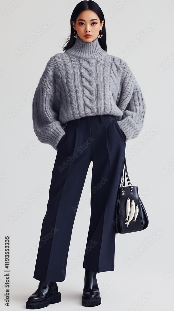 a cropped cable knit sweater in muted gray, styled with tailored navy trousers and chunky fisherman boots a cropped cable knit sweater in muted gray, styled with tailored navy trousers and chunky fisherman boots