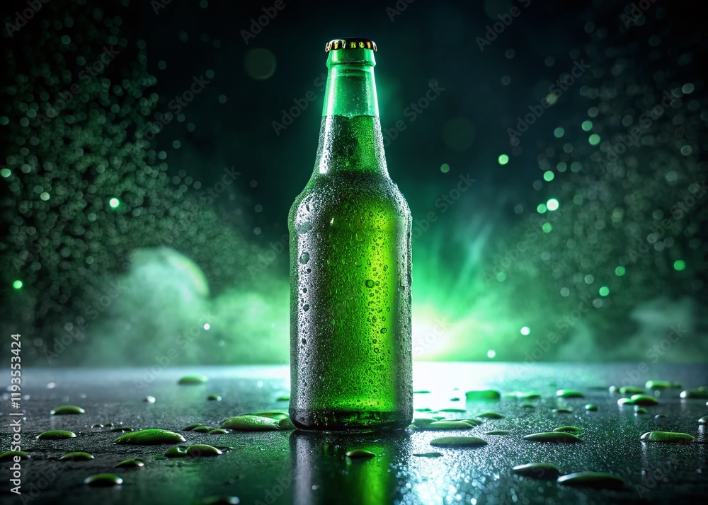 Low Light Neon Green Drink Bottle on Dark Background - Night Photography Stock Photo Low Light Neon Green Drink Bottle on Dark Background - Night Photography Stock Photo