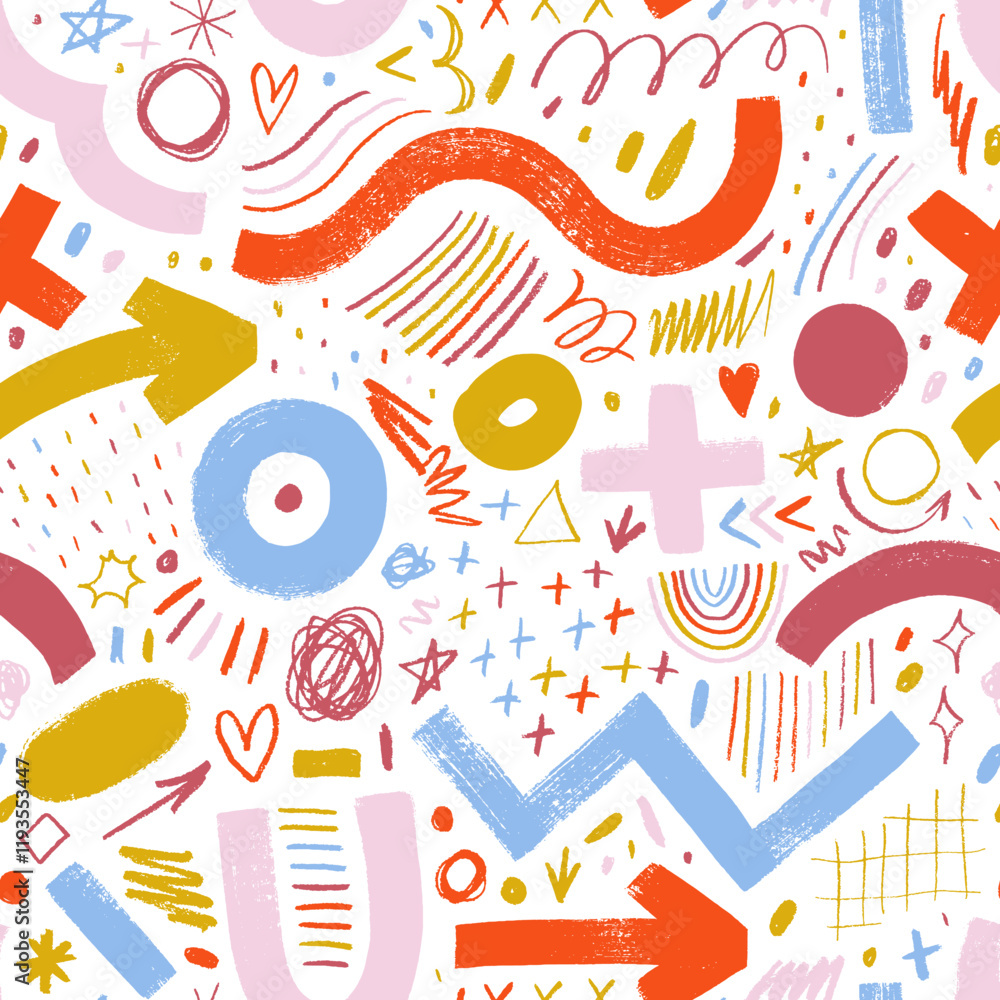 Colorful childish seamless pattern with bold brush strokes and doodles lines. Hand drawn simple childish scribbles, bold wavy brush strokes and geometric shapes. Abstract crayon scribbles. Colorful childish seamless pattern with bold brush strokes and doodles lines. Hand drawn simple childish scribbles, bold wavy brush strokes and geometric shapes. Abstract crayon scribbles.