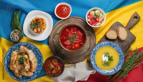 Wallpaper Mural Traditional ukrainian dishes, borscht, chicken, and other are beautifully arranged on the ukrainian flag Torontodigital.ca