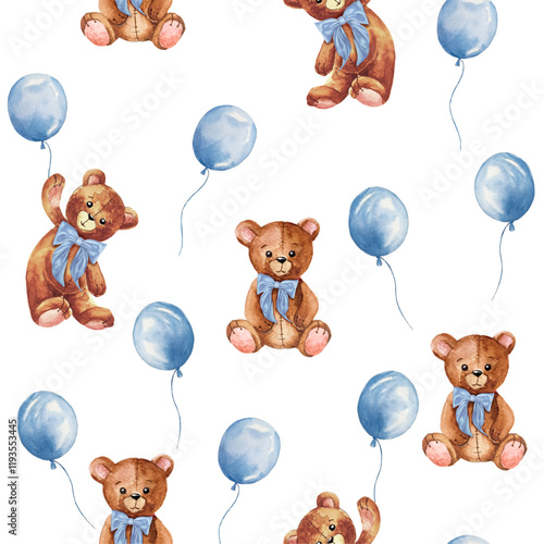 Watercolor seamless pattern of cute teddy bear with blue bow  and balloons. Wallpaper baby boy background. Nursery graphics for wallpapers and prints.