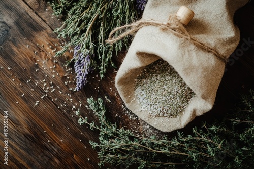 Herbal blend spilling from burlap sack on rustic wood table, surrounded by thyme and lavender.  Food blog, recipe, or packaging design