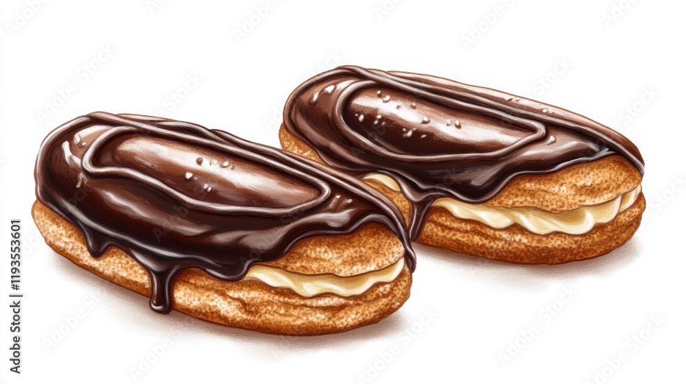 Obraz premium Delicious Chocolate Eclairs with Cream Filling and Glossy Chocolate Icing Perfect for Dessert Lovers and Bakery Displays in Food Photography