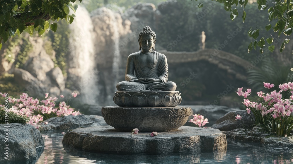 Serene Buddha Statue in a Tranquil Waterfall Garden Serene Buddha Statue in a Tranquil Waterfall Garden