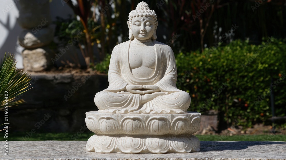 Serene White Buddha Statue in Garden Setting Serene White Buddha Statue in Garden Setting