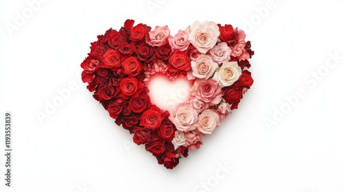A heart-shaped arrangement of vibrant roses in various hues.
