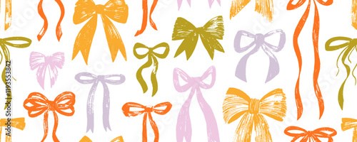 Girly colorful bows and ribbons seamless pattern with crayon texture. Hand drawn vector coquette background. Cute multi colored bows with ribbons on white background seamless pattern.