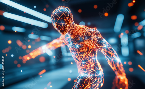 Digital human figure made of interconnected glowing blue and orange nodes and lines, representing technology and artificial intelligence. photo