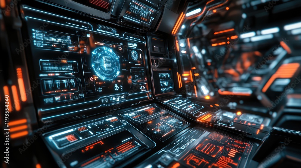 Obraz premium Cutting-edge high-tech computing interface with virtual controls, quantum processors, and glowing data flows