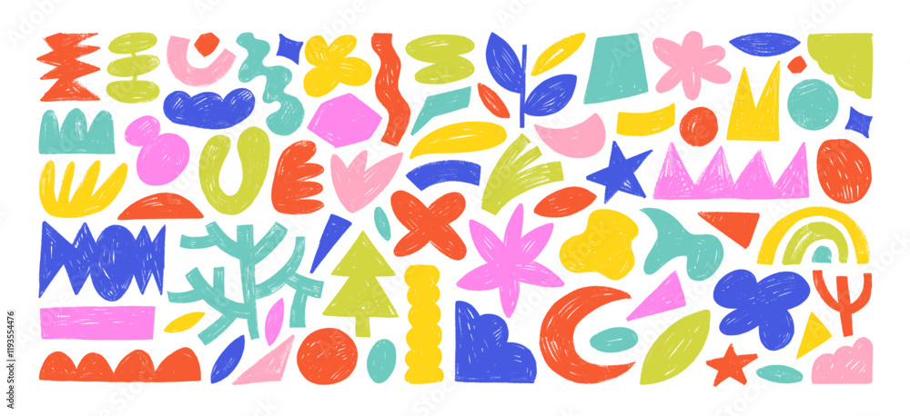 Funky abstract organic shapes, plants and geometric forms drawn by colored crayon. Hand drawn doodle contemporary figures, kid pencil drawings. Naive and primitive fluid shapes, abstract illustrations Funky abstract organic shapes, plants and geometric forms drawn by colored crayon. Hand drawn doodle contemporary figures, kid pencil drawings. Naive and primitive fluid shapes, abstract illustrations