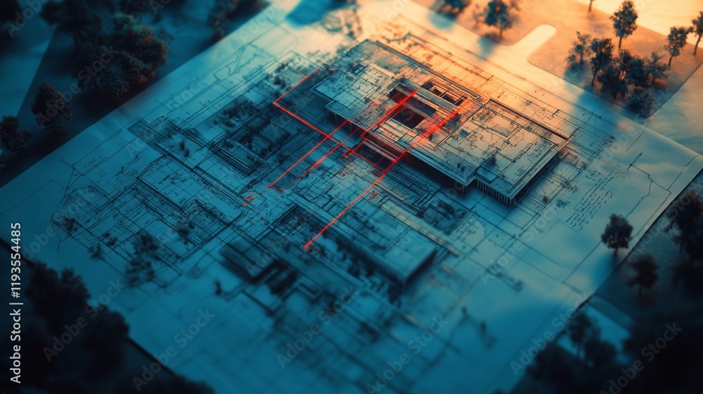Obraz premium Architectural Model Overlapping Blueprint Design