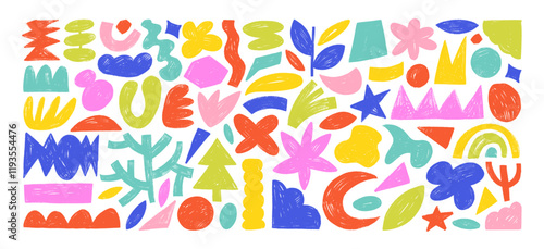 Funky abstract organic shapes, plants and geometric forms drawn by colored crayon. Hand drawn doodle contemporary figures, kid pencil drawings. Naive and primitive fluid shapes, abstract illustrations