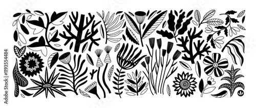 Wallpaper Mural Set of organic minimalistic flower and plant silhouettes. Folk doodle meadow flowers, wild plants. Freehand decorative elegant botanical elements. Hand drawn vector petals, naive branches. Torontodigital.ca