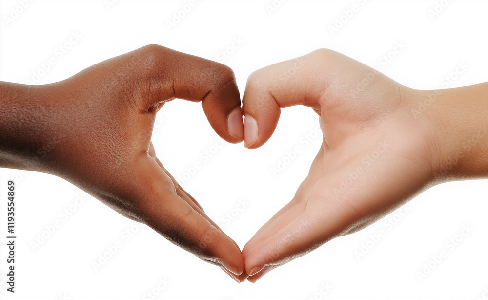 Obraz premium Two hands of different skin tones forming a heart shape on a white background, symbolizing love and unity.