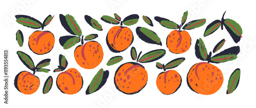 Set of colorful brush drawn peaches or apricots with leaves. Hand drawn funky naive fruit illustrations for collages, graphic design, posters, cards. Vector peaches and apricots with rough texture.