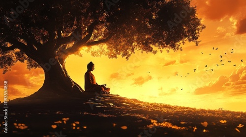 Enlightenment at Sunset: Buddha's Serene Meditation Under Bodhi Tree photo