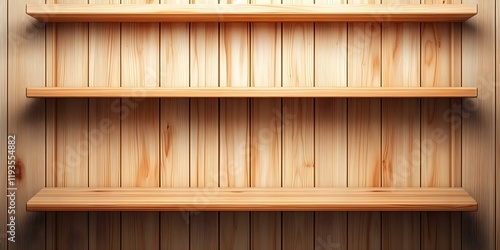 A wooden wall with three empty shelves illuminated by soft lighting, creating a warm and inviting atmosphere. Concept Wooden Wall Decor, Empty Shelves Styling, Warm Lighting Effects