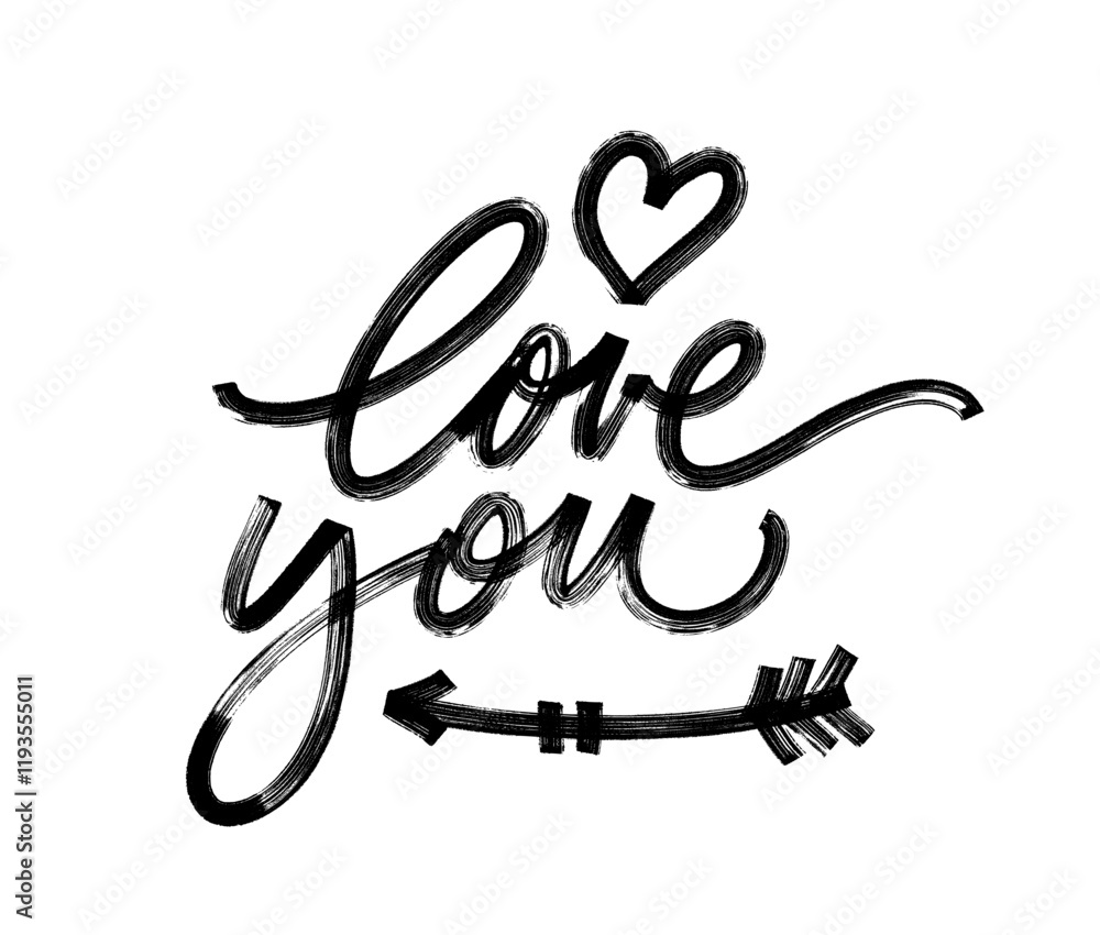 Obraz premium Bold brush drawn love you phrase with arrow and heart. Hand drawn romantic modern calligraphy.