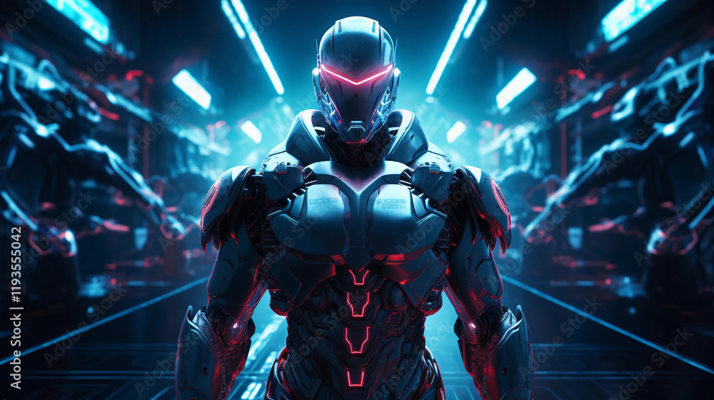 A cyborg robot character standing in the neon glowing corridor, bot illustration, high technology banner, scientific aesthetics. Web banner, decoration, advertisement A cyborg robot character standing in the neon glowing corridor, bot illustration, high technology banner, scientific aesthetics. Web banner, decoration, advertisement