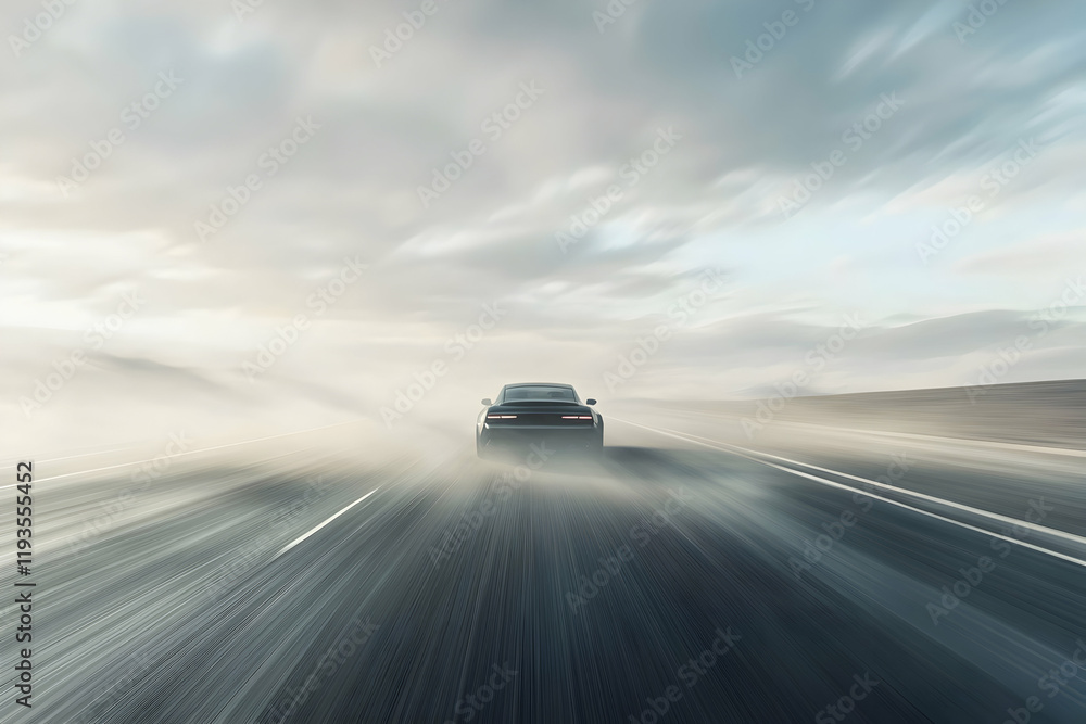 Motion-blurred car driving on a highway with panoramic space for text overlay Motion-blurred car driving on a highway with panoramic space for text overlay