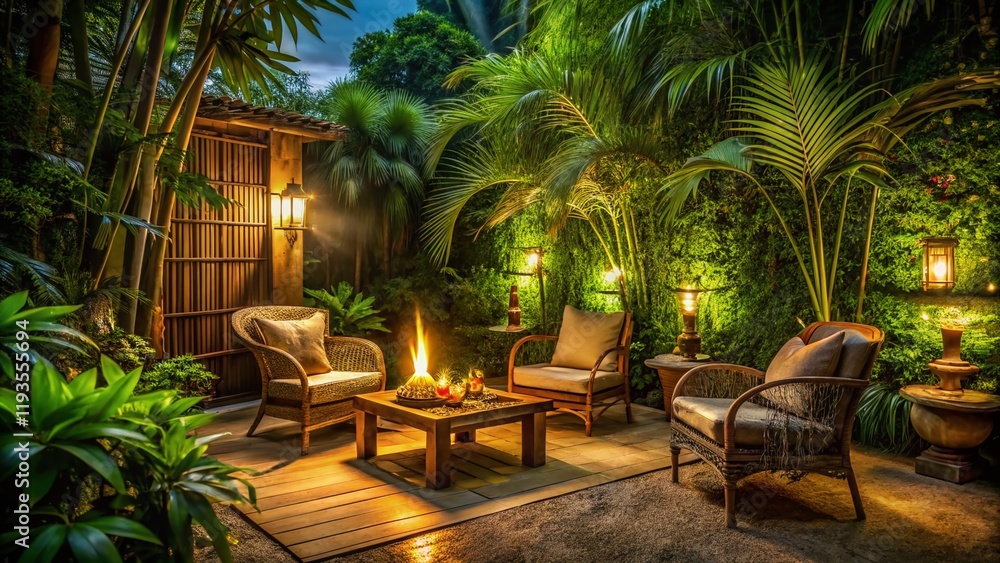 Fototapeta premium Low Light Tropical Backyard: Bamboo Furniture & Tiki Torches