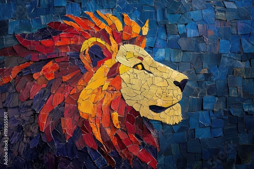 A vibrant mosaic artwork depicting a lion's profile, showcasing fiery orange and yellow hues against a deep blue background.