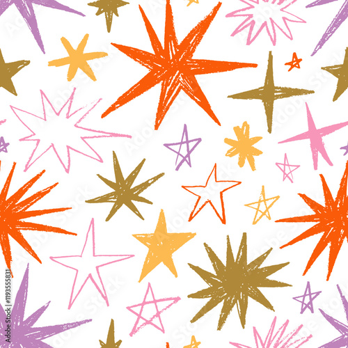Hand drawn colorful star shapes seamless pattern. Pencil or charcoal star drawings. Childish funky wrapping paper with doodle cosmic shapes. Vector doodle seamless pattern with sparks and sparkles.