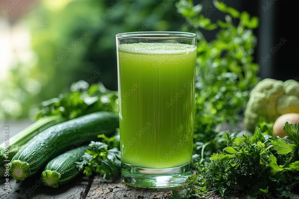 Rustic wood table setting featuring a glass of green vegetable juice, surrounded by a variety of fresh green produce. Rustic wood table setting featuring a glass of green vegetable juice, surrounded by a variety of fresh green produce.