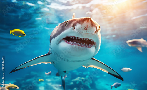 A great white shark swims underwater surrounded by tropical fish, illuminated by sunrays penetrating the ocean surface. photo