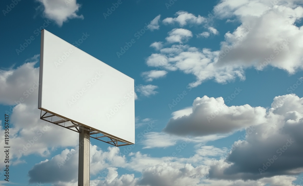 A blank white billboard standing tall against a bright blue sky with scattered fluffy clouds. A blank white billboard standing tall against a bright blue sky with scattered fluffy clouds.