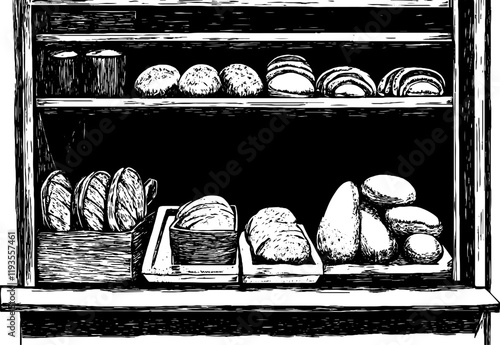 A detailed vintage woodcut illustration of a bakery window, presenting a variety of artisanal breads.