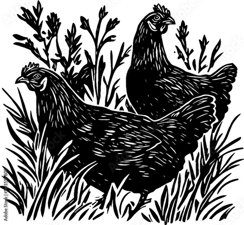 This vintage woodcut features two chickens foraging among tall grasses and wildflowers.