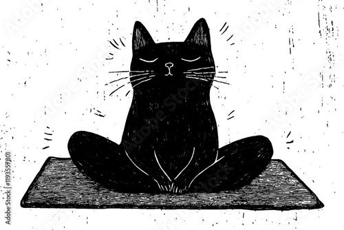 This vintage woodcut illustration depicts a black cat sitting calmly in a meditative pose with eyes closed. It exudes a sense of tranquility and peace.