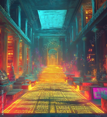 Ancient libraries illustrated glowing scrolls and allegories of truth symbolizing the preservation of knowledge and the legacy of philosophy photo