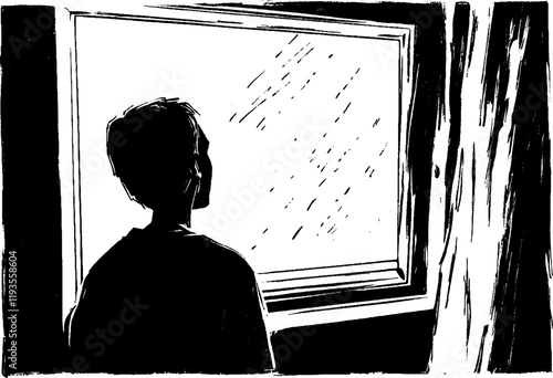 A vintage woodcut illustration shows a solitary figure looking out a window during a rainy day.