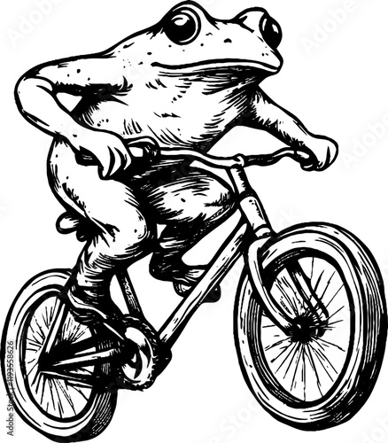 A woodcut illustration showcases a frog energetically riding a bicycle. photo