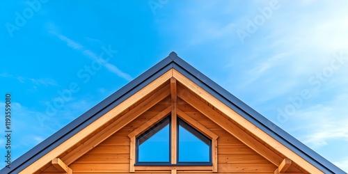 A wooden house roof with a triangular shape and a window, set against a clear blue sky. Concept Wooden Roof Design, Triangular Architecture, Window Features, Blue Sky Background, Nature Aesthetics