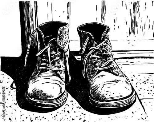 The artwork features a detailed woodcut of an old pair of boots.