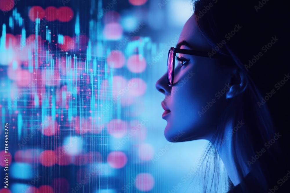 Woman analyzes digital data with graphs in a futuristic setting during nighttime Woman analyzes digital data with graphs in a futuristic setting during nighttime