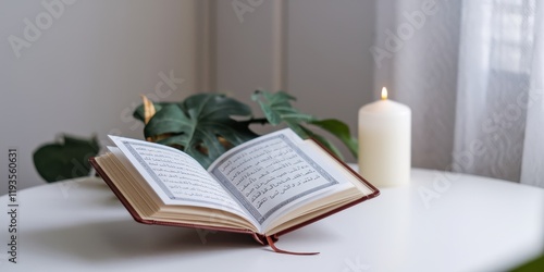 Wallpaper Mural Open Quran with Candle and Plant on Table Torontodigital.ca