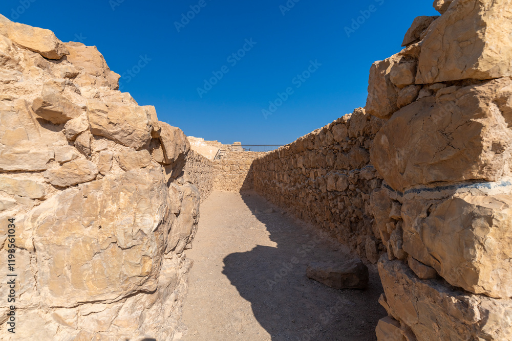 The ruins of the storerooms on Masada in the Judean Desert in Israel.
The ruins of the storerooms on Masada in the Judean Desert in Israel.