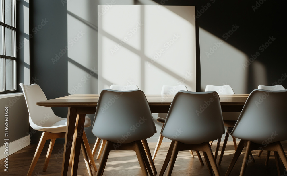 Obraz premium Minimalist conference room with white chairs, wooden table, and sunlight streaming through large windows, creating geometric shadows.