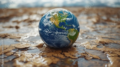 A globe resting on cracked earth, symbolizing climate change and environmental challenges